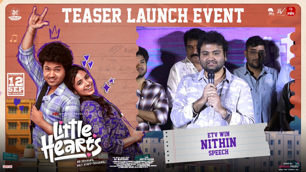 Vamsi Nandipati Entertainments (@vne_offl) on Twitter photo Watch ETV WIN #Nithin Speech @ #LittleHearts Teaser Launch Event!💖
▶️youtu.be/0o9hoKw6WHo
Event By <a href="/shreyasgroup/">Shreyas Media</a>✌️
#LittleHeartsOnSep12th Watch ETV WIN #Nithin Speech @ #LittleHearts Teaser Launch Event!💖
▶️youtu.be/0o9hoKw6WHo
Event By <a href="/shreyasgroup/">Shreyas Media</a>✌️
#LittleHeartsOnSep12th