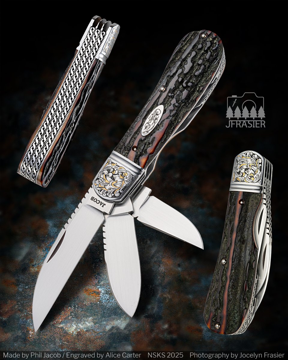 Very fine indeed! Phil Jacob's work is clean and precise.

Slipjoint, CPM 154, stag scales, 410 liners, 416SS bolsters engraved by Alice Carter, Roman Knot filework spines.

_________

If you found this interesting please LIKE 👍🏻 and SHARE with a friend!

#jfrasierphotography