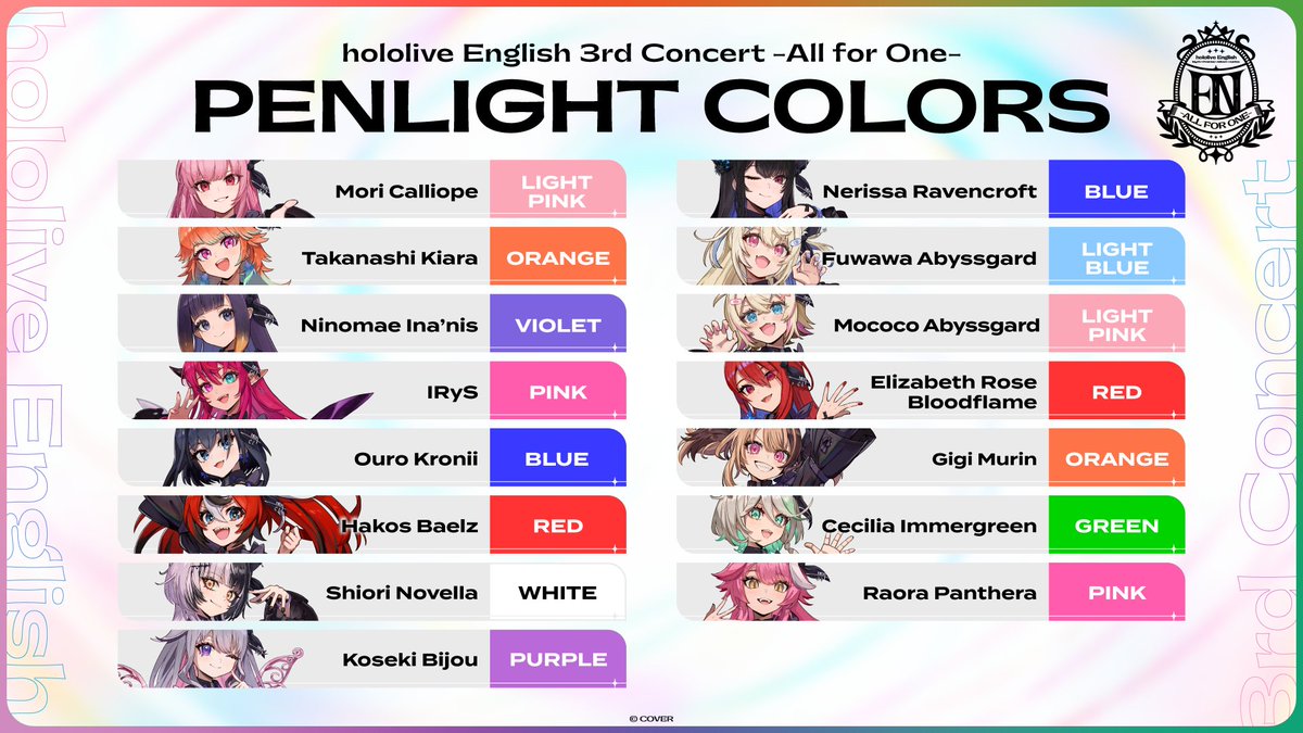 ◢◤◢◤ All for One ◢◤◢◤

The official penlight color guide is here! 
Remember it for when it's time to show your support for your favorite talents✨ 

🔽Concert Website🔽
all-for-one.hololivepro.com

#holoAllforOne
