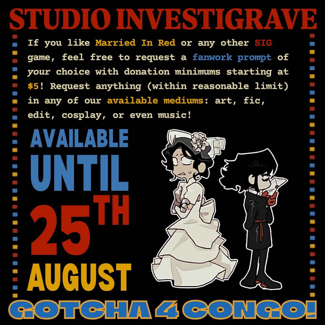 Calling ALL 🪦#StudioInvestigrave👻fans: G4C DONATIONS ARE NOW OPEN! For a small donation, get YOUR prompt turned into art, fics, etc, by any of our talented creators! 
📌 Link to donor form in pinned
#marriedinred