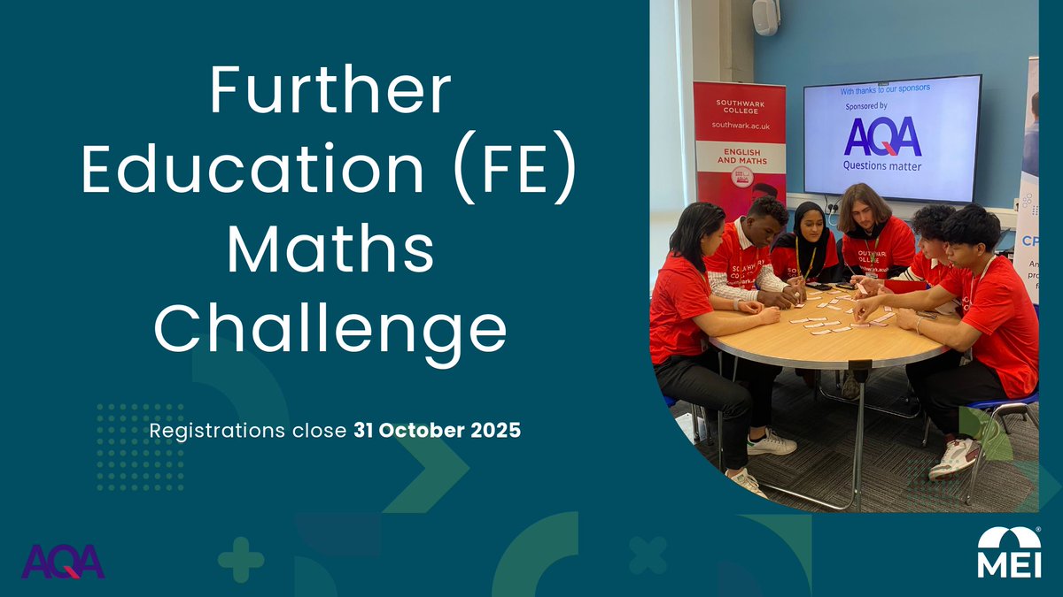 Support your students in developing their maths skills with the Further Education (FE) Maths Challenge 2025. 

Give your students something to get excited about!

Register today: buff.ly/NwDR6d7 

#FunctionalSkills #FEMaths #FEMathsChallenge2025