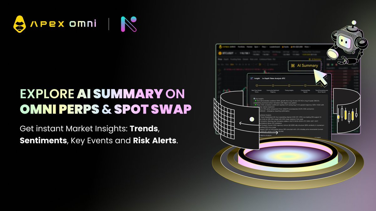 MrQin_BTC's tweet image. #ApeXOmni 全新功能上线啦 🚀 —— 🤖AI Summary 智能市场摘要！

还在为行情瞬息万变而焦虑吗？还在花大量时间翻看各种数据与资讯吗？现在只需 1 次点击，ApeX Omni 的 AI Summary 就能帮你轻松搞定。无论你是进行现货交易，还是合约操作，AI Summary…