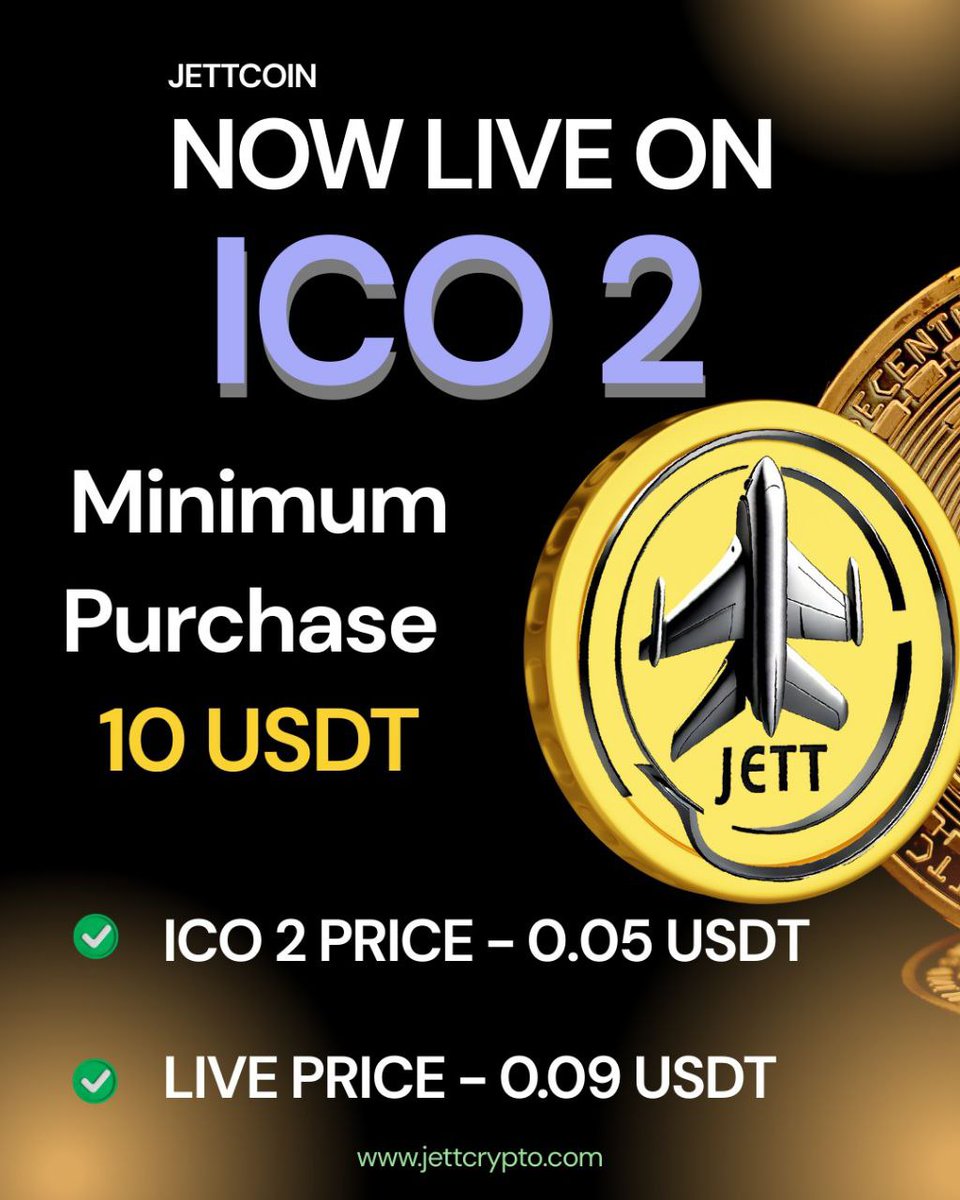 Jett_Utility's tweet photo. 😍 Great news to the #JETT_Crypto community 

🗣️ Yeah! We heard you. We have reduced the minimum purchase amount of #JETT to 10$ based on the users request.

💥 ICO - 2 sale is live now.

🔥 5x from the ICO-1 price.

🌐 Website to buy: https://t.co/67jLFdemHl

1⃣ Min purchase: 10$

2⃣ Max purchase: no limit

3⃣ ICO-2 price: 0.05$

4⃣ Current market price: 0.09$

5⃣ Users who make a minimum purchase of 50$ will be eligible for withdrawal.

6⃣ Withdrawal from the ICO Wallet will be announced soon! 

7⃣ JETT Bot Mining, More listings incoming...

🤩 Grab this opportunity to make the fortune. 

🥳 Buy now to secure your future. The more, the better.

LFG 🚀

#JETT to the Moon

Join us now: https://t.co/Zixpv4Ldlk