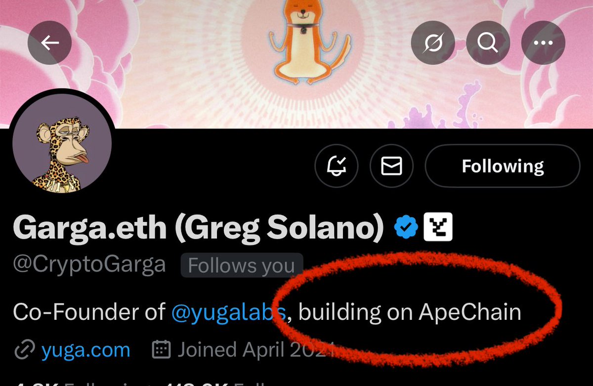 I missed this in <a href="/CryptoGarga/">Garga.eth (Greg Solano)</a> bio👀

Bullish on ApeChain🫡