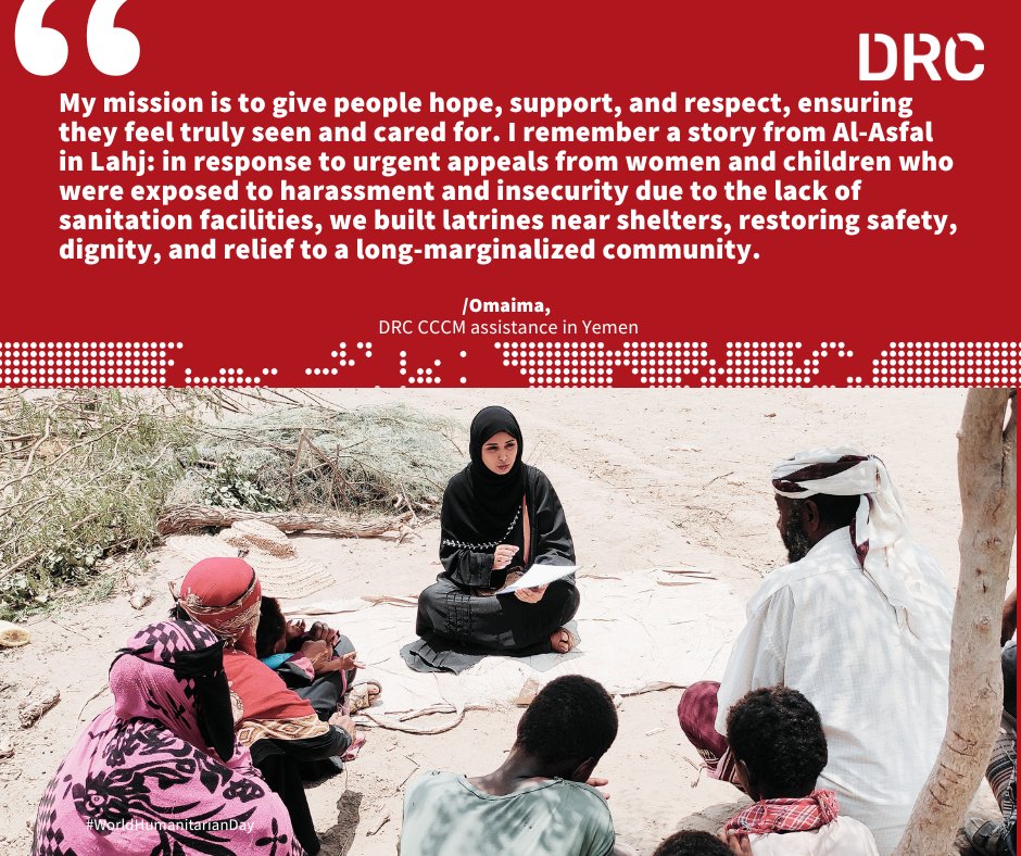 DRC_MENA's tweet photo. In Yemen, 19.5 million people need aid and 17m face hunger. Yet amid cuts and neglect, humanitarians like Omaima fight to restore dignity and safety.
Her courage should not be the world’s excuse for inaction. Yemen deserves more than survival. #WorldHumanitarianDay #ActForHumanity @DRC_ngo