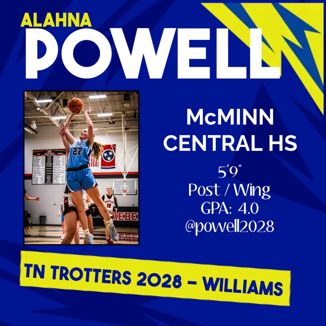 TN Flight Trotters 2026 (@trottersjw2026) on Twitter photo Next up is <a href="/powell2028/">AlahnaPowell2028</a> from perennial powerhouse McMinn Central. This girl plays MUCH bigger than her size. She can stretch the floor from 3 or go strong to the rim. She defends like a beast and is extremely athletic. This will be the one everyone asks, “where did you find Next up is <a href="/powell2028/">AlahnaPowell2028</a> from perennial powerhouse McMinn Central. This girl plays MUCH bigger than her size. She can stretch the floor from 3 or go strong to the rim. She defends like a beast and is extremely athletic. This will be the one everyone asks, “where did you find