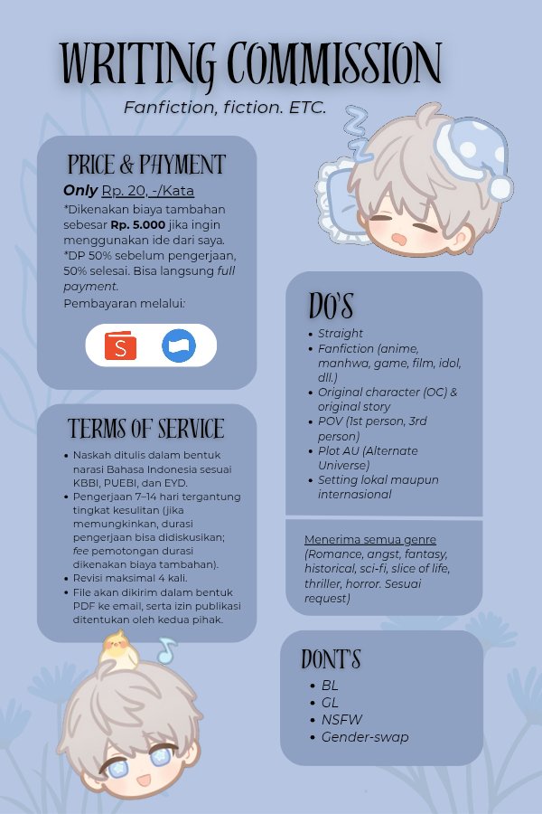 illiraeth's tweet photo. [OCEAN'S WR1T1NG COMM1SSI0N: OPEN] 🚨
Hey, hoo! Kamu ingin mengabadikan seseorang melalui tulisan? 🤔 Atau, mau menulis tentang momen halu bareng doi, bias, husbu—tapi stuck di kalimat pertama? I gotchu~! 👀🫵🏻

Time to get your story written! Pen's ready. Are you? ✍️🏻 https://t.co/SJpieoQZ7O