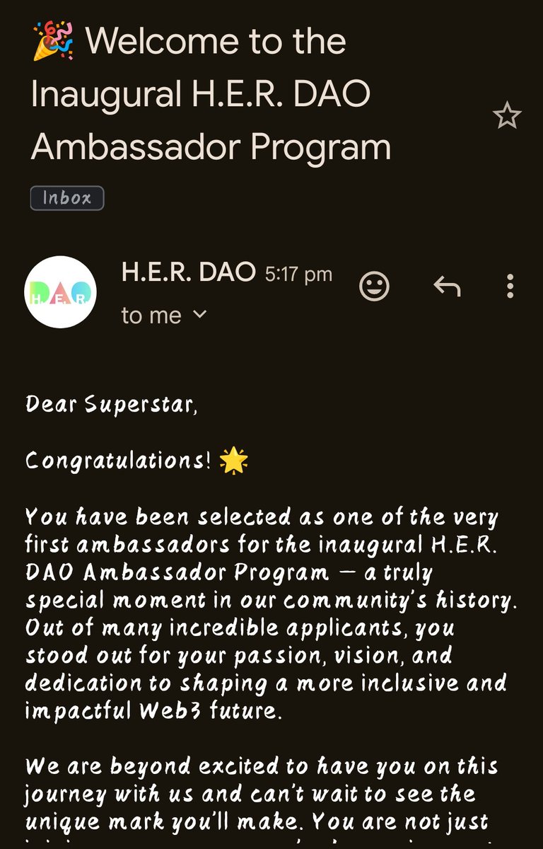 Madhu Varsha | TOKEN2049 🇦🇪 (@madhuvarshap) on Twitter photo I am Finally a <a href="/_HerDAO/">H.E.R. DAO @ H.E.R. DAO HACKERHOUSE w/ ETH ACCRA</a> Ambassador!
I can’t wait to learn, grow, and connect with amazing people in this space while spreading the H.E.R. DAO mission of inclusion and empowerment.
This means a lot to me, thanks to <a href="/Onallee/">Onallee | #Buildin’ 🛠</a> for the support 💗 I am Finally a <a href="/_HerDAO/">H.E.R. DAO @ H.E.R. DAO HACKERHOUSE w/ ETH ACCRA</a> Ambassador!
I can’t wait to learn, grow, and connect with amazing people in this space while spreading the H.E.R. DAO mission of inclusion and empowerment.
This means a lot to me, thanks to <a href="/Onallee/">Onallee | #Buildin’ 🛠</a> for the support 💗
