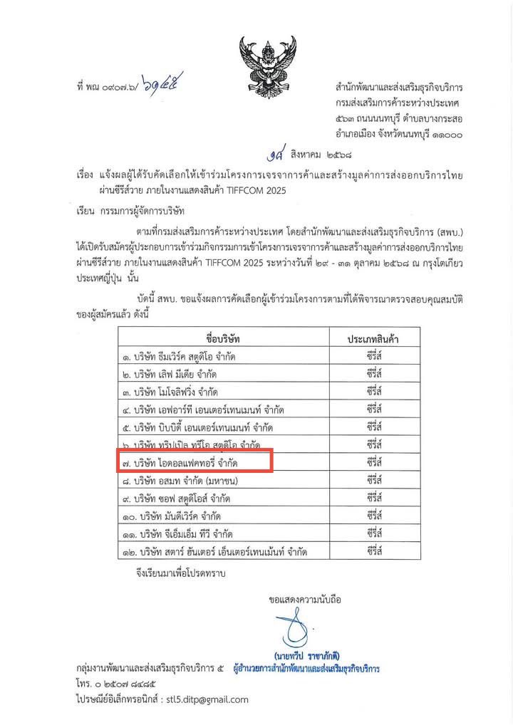 Announcement of the List of Participants in the Project on Trade Negotiations and Value Creation for Thai Service Exports through the Y-series Event at TIFFCOM 2025

The Department of International Trade Promotion (DITP), through the Office of Service Business Development and