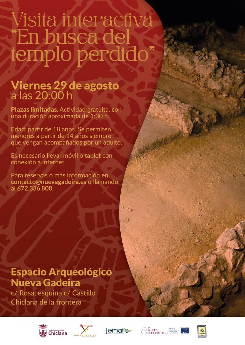 🗓️ #Viernes 29 de #agosto.
⏰20:00 h.
⌛Duración: 1 h 30 min.
👩🏻👨🏻 Adultos.
📍 Espacio Arqueológico Nueva Gadeira (#Chiclana).
💰 Gratuito.
📱 Necesario uso de dispositivos móviles.
- Reserva:
📩contacto@nuevagadeira.es 
📱672 336 800.
🚨 Plazas limitadas.