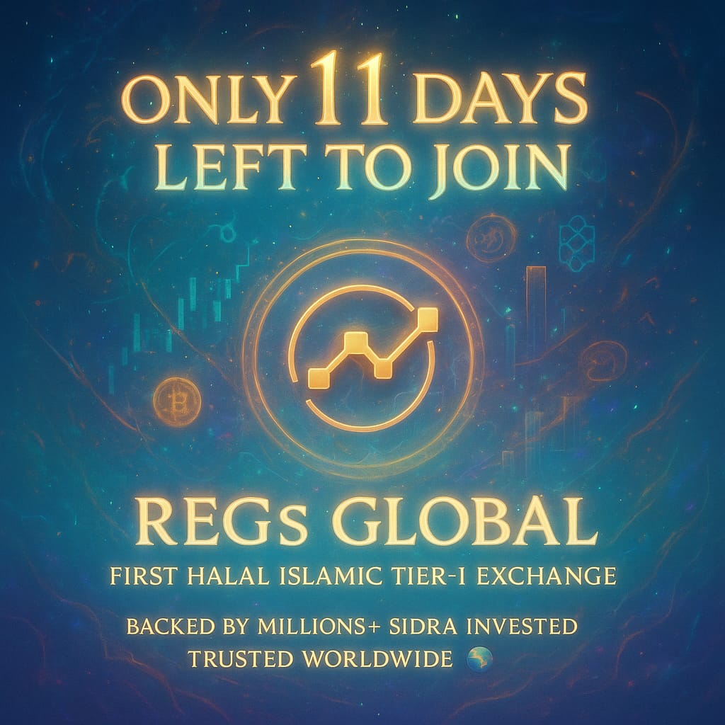 AsifAnsari83683's tweet image. Only 11 Days Left to join REGs Global – the First Halal Islamic Tier-1 Exchange!🚀Backed by millions+ Sidra invested and trusted by a global community🌍.Don’t miss your chance to be part of the future of halal crypto trading!✨

#REGsGlobal #HalalCrypto #11DaysLeft #CryptoFuture