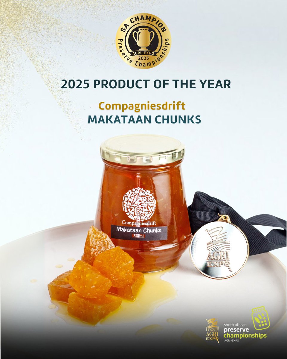 🏆 SOUTH AFRICAN PRESERVE PRODUCT OF THE YEAR! The highest accolade of the inaugural SA Preserve Champs goes to <a href="/Compagniesdrift/">Compagniesdrift Wine</a> Makataan Chunks. Congrats! Thank you, gold partners <a href="/Hollard/">Hollard Insurance</a> <a href="/ClemenGold/">ClemenGold</a>. Results preservechamps.co.za
#AgriExpo #SAPreserveChamps #ProductOfTheYear