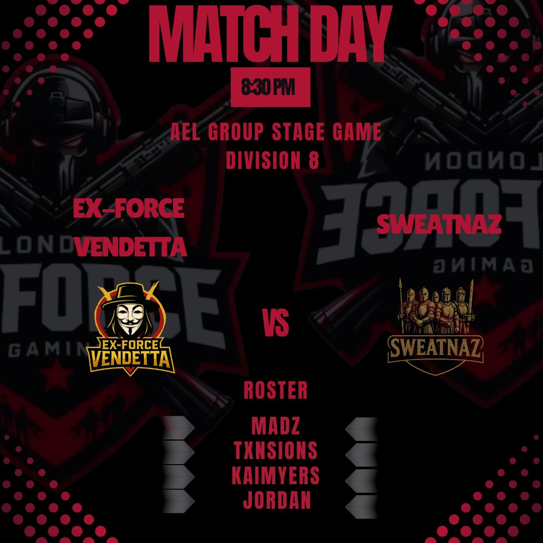 MATCH DAY!!

📅 - Tuesday 19th! 
⏰ - 830pm 
🆚  - Sweatnaz 
 
<a href="/AMeLeague/">AEL - Amateur Esports League</a>

🟠 - <a href="/Madzvii7/">MadzVII</a>
⚫️ - <a href="/Txnsions_/">Txnsions</a>
🟠 - @Jordanviper21
⚫️ - <a href="/kaimyers_10/">Kai Myers</a>