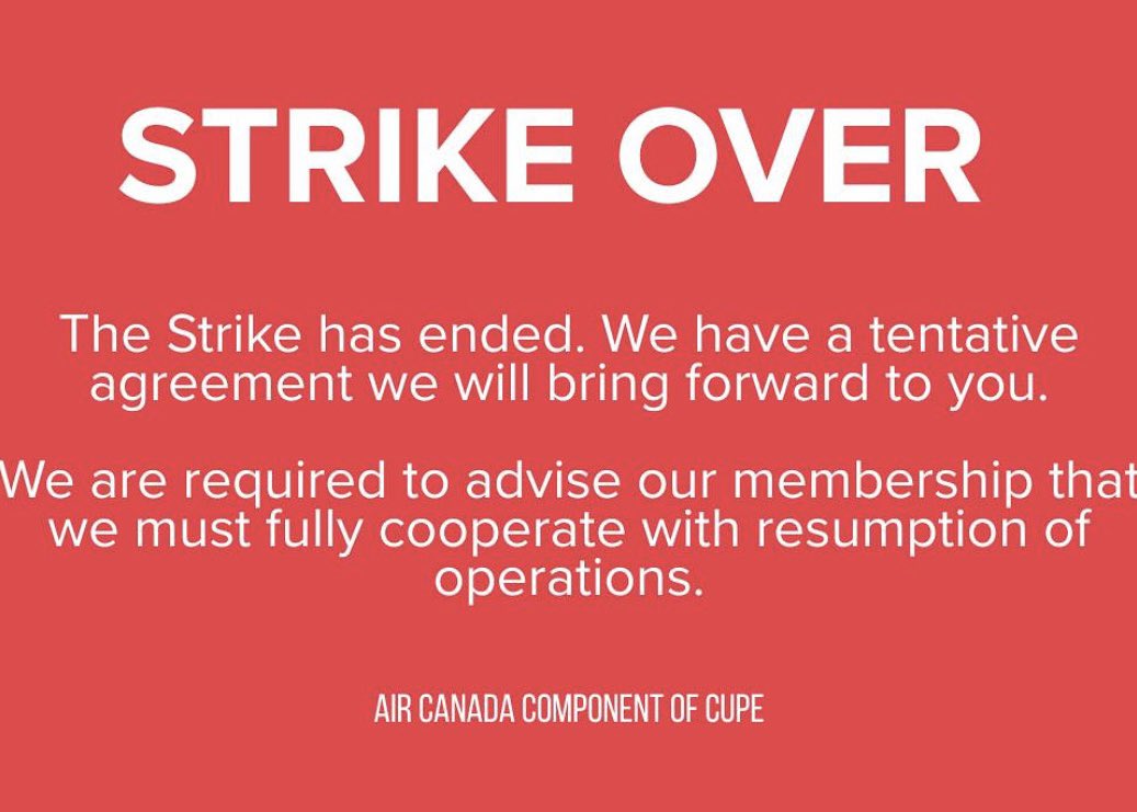 A tentative agreement has been reached to end the contract dispute between #AirCanada and its flight attendants, both the airline and CUPE said early Tuesday.
 
#CUPE #solidarity #unionstrong #fairdealnow #fairnessforflightattendants #thankyoucanada