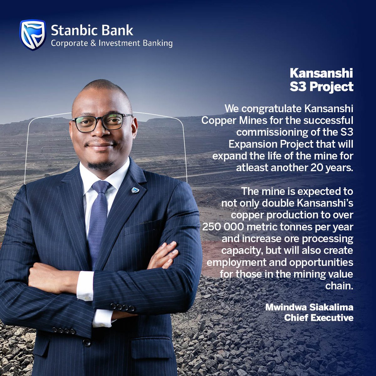 StanbicBankZM's tweet photo. Our Chief Executive, Mwindwa Siakalima, applauds Kansanshi Mine on the S3 Expansion, a landmark achievement driving Zambia’s growth.

#StanbicForGrowth #MiningMilestone #WeBelieveInZambia https://t.co/t7OJZQgUkZ