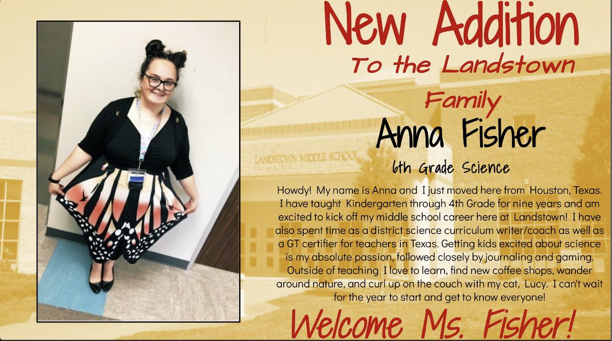Landstown Middle (@landstownms) on Twitter photo 🛡️ Raise your shields in honor! Please join us in welcoming our newest #Lancer, Ms. Anna Fisher! She'll be joining our 6th grade team as a science teacher. We’re excited to have her in The Castle! 🌟🏰
#ChargingIntoTheFuture <a href="/vbschools/">VBSchools</a> <a href="/ActivitiesLMS/">Landstown MS Student Activitites</a> 🛡️ Raise your shields in honor! Please join us in welcoming our newest #Lancer, Ms. Anna Fisher! She'll be joining our 6th grade team as a science teacher. We’re excited to have her in The Castle! 🌟🏰
#ChargingIntoTheFuture <a href="/vbschools/">VBSchools</a> <a href="/ActivitiesLMS/">Landstown MS Student Activitites</a>