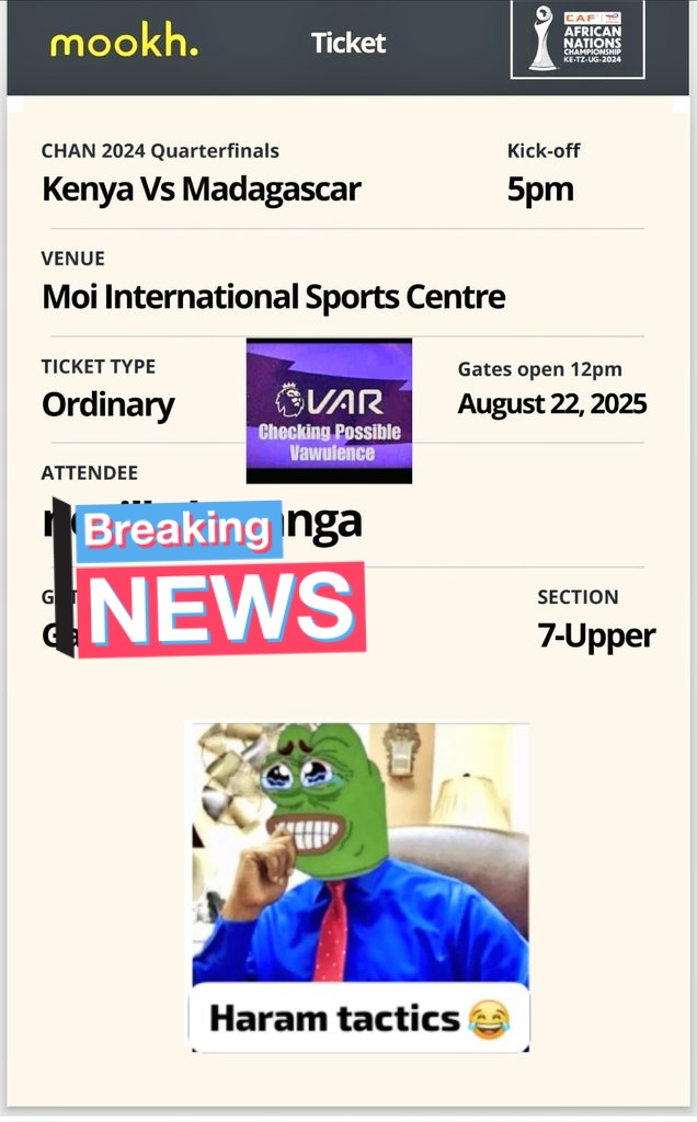 nevillekitoh00's tweet photo. Am i the only one with a Chan ticket.
I even dont know how i managed๐๐๐
#mookh
#CHAN2024
#kenyavsmadagascar https://t.co/efA3MICotE