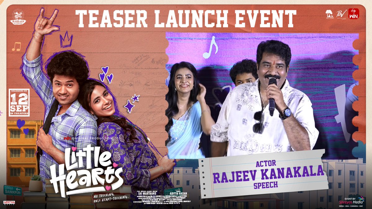 Vamsi Nandipati Entertainments (@vne_offl) on Twitter photo Watch Actor #RajeevKanakala Speech @ #LittleHearts Teaser Launch Event!💖
▶️youtu.be/LSnqC70mEsI
Event By <a href="/shreyasgroup/">Shreyas Media</a>✌️
#LittleHeartsOnSep12th
<a href="/etvwin/">ETV Win</a> <a href="/marthandsai/">Sai Marthand</a> #AdityaHasan @mouli_talks <a href="/shivani_nagaram/">Shivani Nagaram</a> Watch Actor #RajeevKanakala Speech @ #LittleHearts Teaser Launch Event!💖
▶️youtu.be/LSnqC70mEsI
Event By <a href="/shreyasgroup/">Shreyas Media</a>✌️
#LittleHeartsOnSep12th
<a href="/etvwin/">ETV Win</a> <a href="/marthandsai/">Sai Marthand</a> #AdityaHasan @mouli_talks <a href="/shivani_nagaram/">Shivani Nagaram</a>