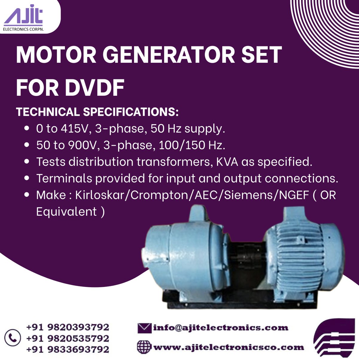 AjitElectronic's tweet image. ⚡ Power Up Your Testing with Our Motor Generator Set for DVDF! ⚡
Upgrade your lab with our high-performance Motor Generator Set designed for precision and reliability:

#MotorGenerator #DVDF #TransformerTesting #PowerSolutions #IndustrialEquipment #AjitElectronics