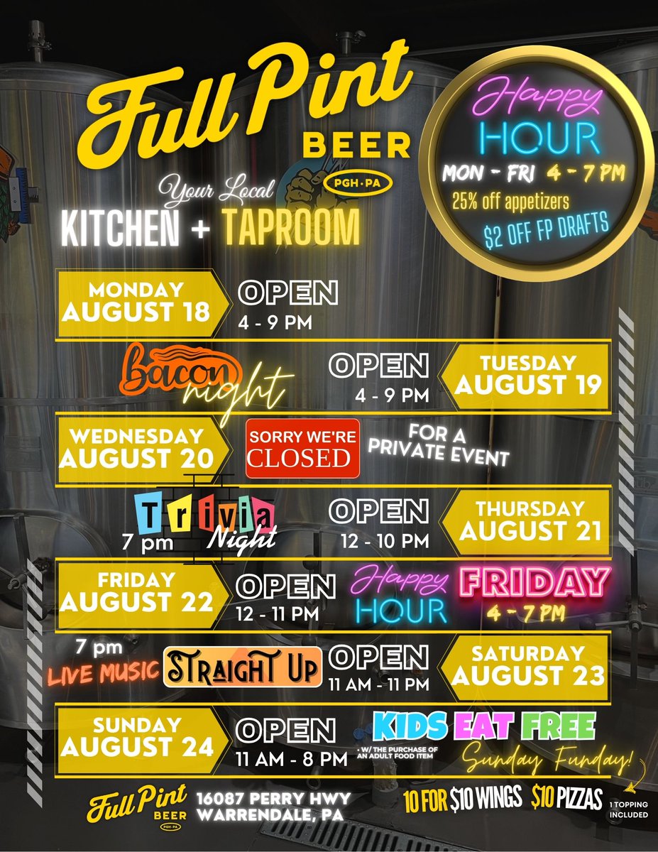 It's another beautiful week in Pittsburgh! Heads up, we are closed for a private event on Wednesday. Straight Up, Ed and Gary are back on Saturday. Let's go!