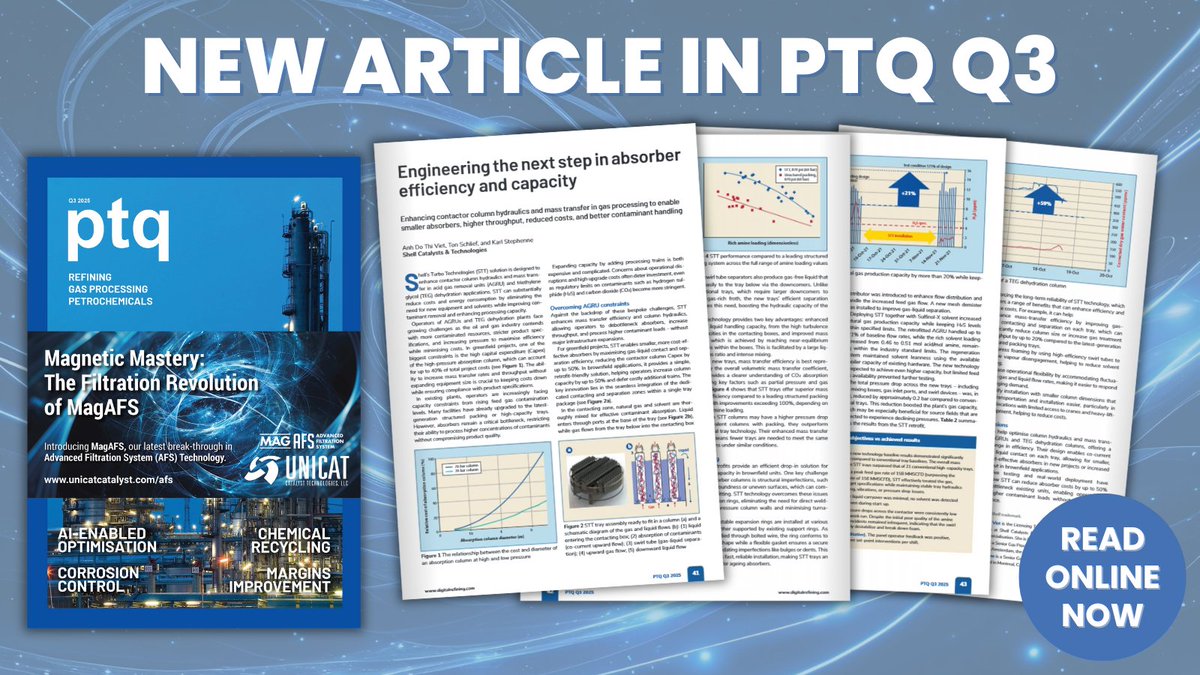 Digital Refining (@digitalrefining) on Twitter photo 🏭OUT NOW PTQ Q3: Engineering the next step in absorber efficiency and capacity. Enhancing contactor column hydraulics & mass transfer in gas processing to enable smaller absorbers, higher throughput, reduced costs, & better contaminant handling. <a href="/Shell/">Shell</a> - digitalrefining.com/article/100329… 🏭OUT NOW PTQ Q3: Engineering the next step in absorber efficiency and capacity. Enhancing contactor column hydraulics & mass transfer in gas processing to enable smaller absorbers, higher throughput, reduced costs, & better contaminant handling. <a href="/Shell/">Shell</a> - digitalrefining.com/article/100329…