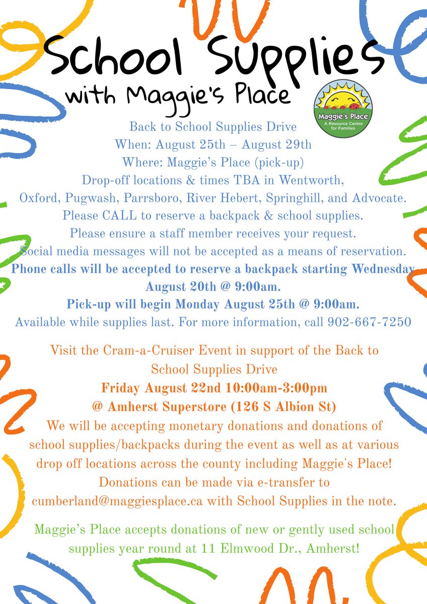 DCMMCC_Cumb's tweet photo. 🎒 School Supplies with Maggie’s Place
Back to School Supplies Pick-Up
📍 Springhill (location &amp; time TBA)
📅 August 25–29, 2025

📞 Call 902-667-7250 to reserve a backpack starting August 20 at 9:00 AM.
Pick-up begins Monday, August 25 at 9:00 AM.
Available while supplies last. https://t.co/avM720GhLU