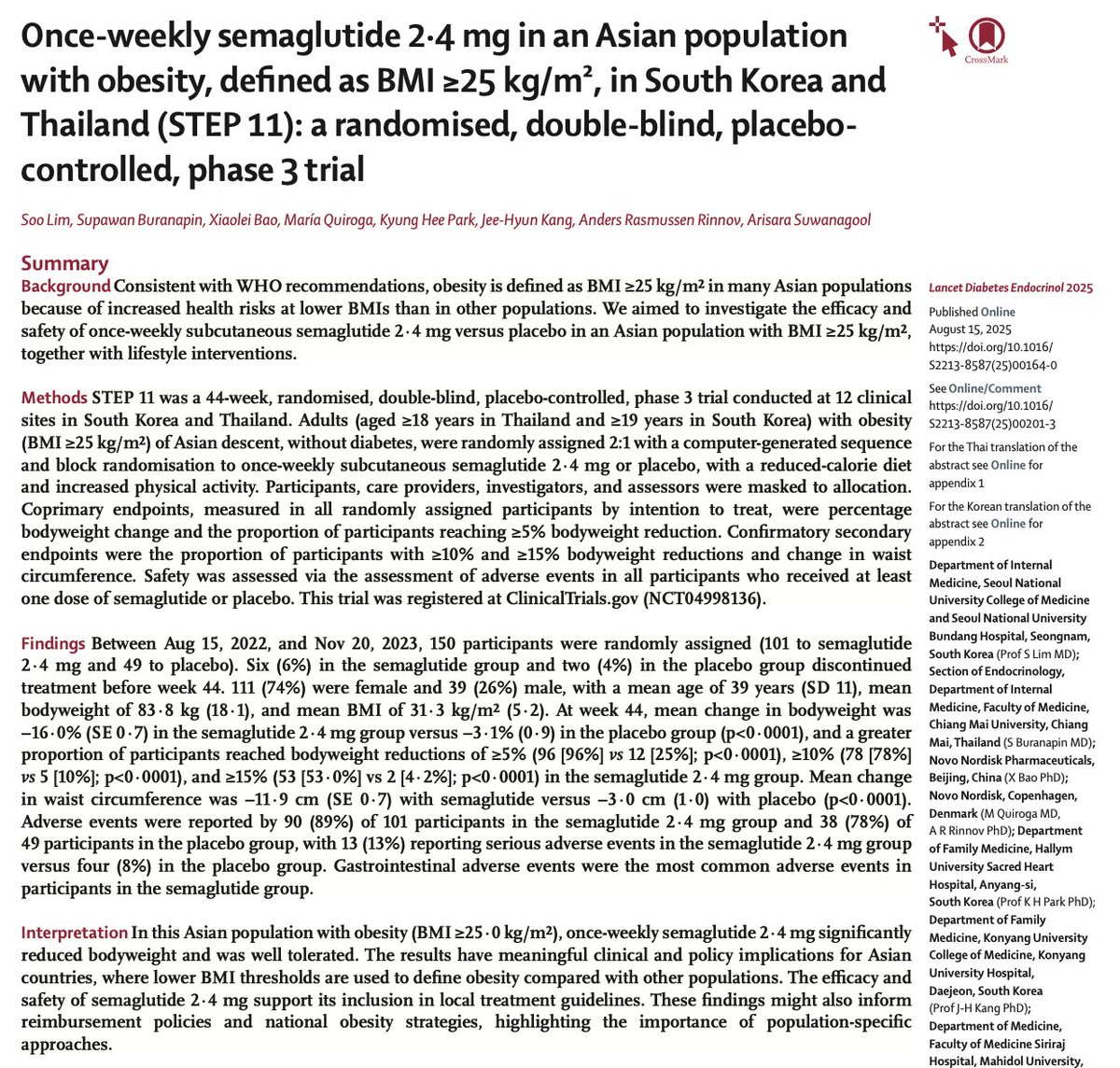 New clinical trial results: STEP 11 📄🧪

💊 Semaglutide demonstrates 16% weight loss ⚖️⬇️ in adults in South Korea 🇰🇷 and Thailand 🇹🇭, defined as BMI &gt; 25.

📊 These results have meaningful clinical 🩺 and policy 🏛️ implications for Asian countries, where lower BMI thresholds