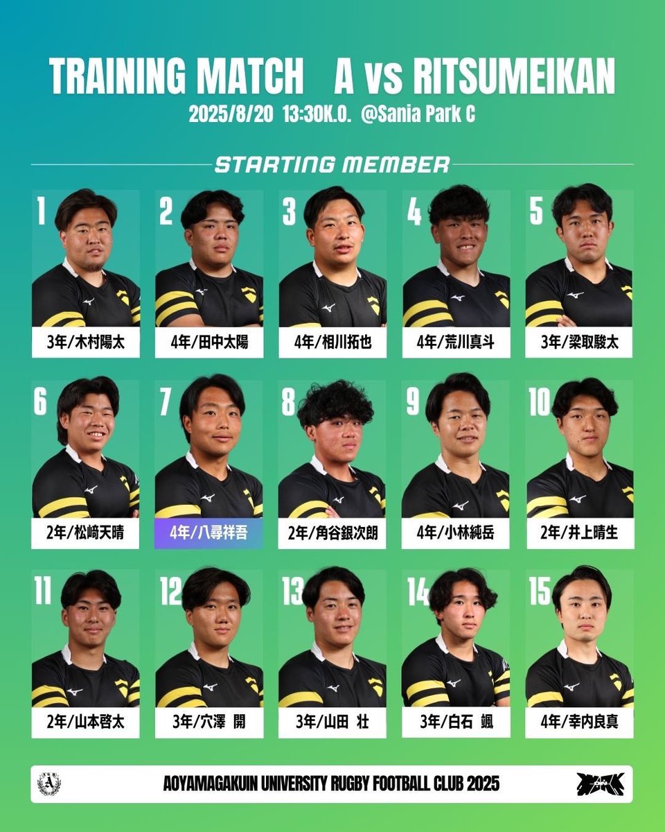 agr_rugby's tweet photo. 【メンバー発表】

オープン戦
A vs 立命館大学

日程：8月20日(水)
キックオフ：13:30
試合会場：サニアパークCグラウンド

▼Player!にて試合速報を配信いたします。
https://t.co/OijeT87BFc

ぜひ会場にて、温かいご声援をよろしくお願いいたします。 https://t.co/Yj0Z1ZDNue