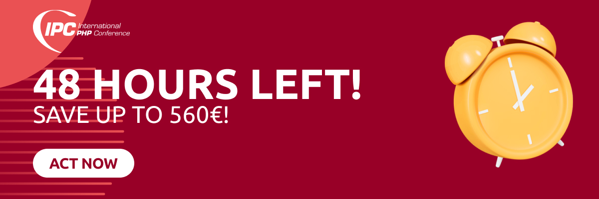 phpconference's tweet image. โฐ 2 days left!
Secure your #phpconference Munich Early Bird ๐๏ธ
โ
Save up to 560โฌ
๐ Free gadget (3- or 5-Day Pass)
๐ฅ Team discount 10%
๐ฅ 5-Day Pass: Recordings + devmio
Ends Aug 21 โ phpconference.com/munich/ticketsโฆ