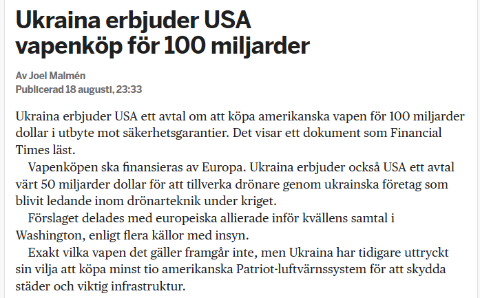 Thomas Siegfried (@unschlagbar1) on Twitter photo <a href="/SwedishPM/">Ulf Kristersson</a> "Vapenköpen ska finansieras av Europa"
MĂ„ sĂ„ vara, men dĂ„ fĂ„r nog âCoalition of the willingâ
ombesörja att Ukraina lÀgger vapenbest. hos
Europeiska tillverkare som tack för allt stöd
frÄn europeiskt hÄll. SÀkerhetsgarantierna för
lösas pÄ annat sÀtt. <a href="/SwedishPM/">Ulf Kristersson</a> "Vapenköpen ska finansieras av Europa"
MĂ„ sĂ„ vara, men dĂ„ fĂ„r nog âCoalition of the willingâ
ombesörja att Ukraina lÀgger vapenbest. hos
Europeiska tillverkare som tack för allt stöd
frÄn europeiskt hÄll. SÀkerhetsgarantierna för
lösas pÄ annat sÀtt.