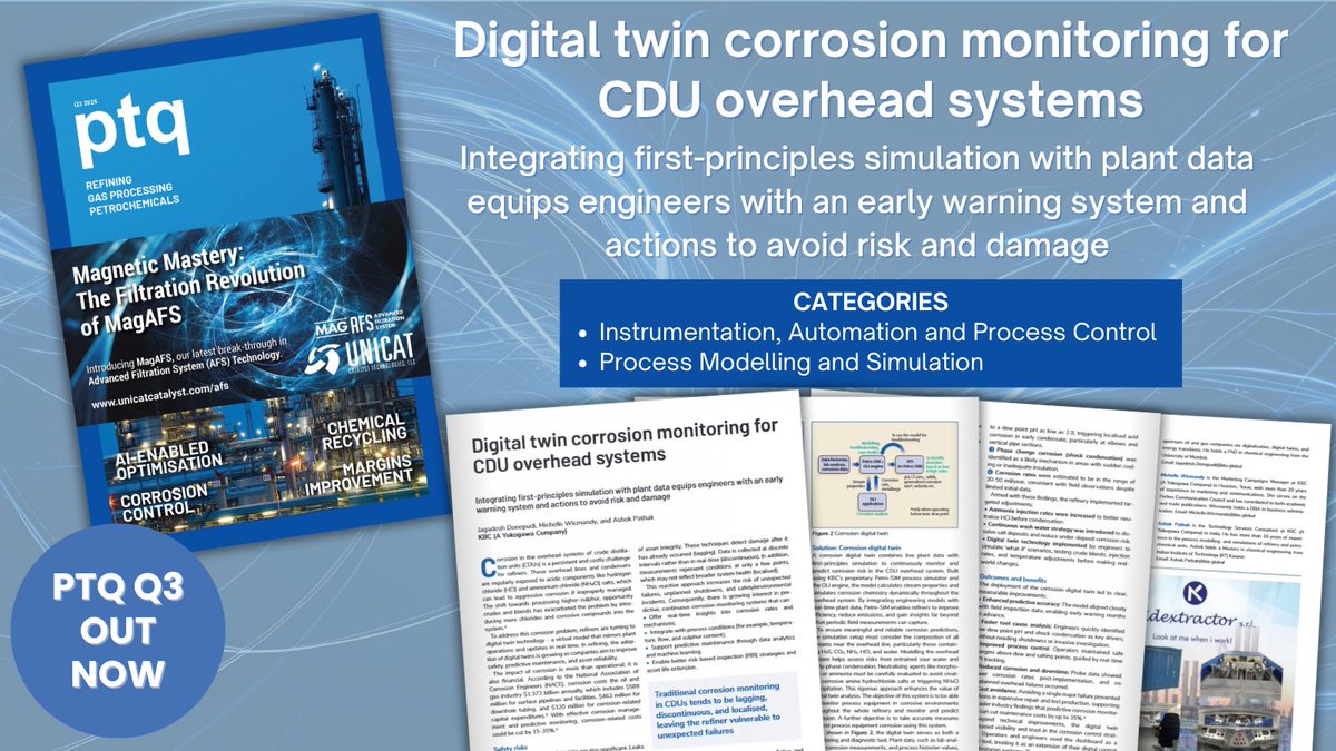 Digital Refining (@digitalrefining) on Twitter photo 🏭PTQ Q3 OUT NOW: Digital twin corrosion monitoring for CDU overhead systems. Integrating first-principles simulation with plant data equips engineers with early warning system & actions to avoid risk & damage, <a href="/kbc_at/">KBC (A Yokogawa Co.)</a> - digitalrefining.com/article/100329…
#gas #oil #petrochemical #refinery 🏭PTQ Q3 OUT NOW: Digital twin corrosion monitoring for CDU overhead systems. Integrating first-principles simulation with plant data equips engineers with early warning system & actions to avoid risk & damage, <a href="/kbc_at/">KBC (A Yokogawa Co.)</a> - digitalrefining.com/article/100329…
#gas #oil #petrochemical #refinery