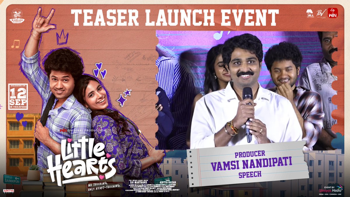 Vamsi Nandipati Entertainments (@vne_offl) on Twitter photo Watch Producer #VamsiNandipati Speech @ #LittleHearts Teaser Launch Event!💖
▶️youtu.be/sUmjtYk-syA
Event By <a href="/shreyasgroup/">Shreyas Media</a>✌️
#LittleHeartsOnSep12th
<a href="/etvwin/">ETV Win</a> <a href="/marthandsai/">Sai Marthand</a> #AdityaHasan @mouli_talks <a href="/shivani_nagaram/">Shivani Nagaram</a> <a href="/TheBunnyVas/">Bunny Vas</a> <a href="/connect2vamsi/">Vamsi Nandipati</a> <a href="/VNE_Offl/">Vamsi Nandipati Entertainments</a> <a href="/krishna_kri/">saikrishna koinni</a> Watch Producer #VamsiNandipati Speech @ #LittleHearts Teaser Launch Event!💖
▶️youtu.be/sUmjtYk-syA
Event By <a href="/shreyasgroup/">Shreyas Media</a>✌️
#LittleHeartsOnSep12th
<a href="/etvwin/">ETV Win</a> <a href="/marthandsai/">Sai Marthand</a> #AdityaHasan @mouli_talks <a href="/shivani_nagaram/">Shivani Nagaram</a> <a href="/TheBunnyVas/">Bunny Vas</a> <a href="/connect2vamsi/">Vamsi Nandipati</a> <a href="/VNE_Offl/">Vamsi Nandipati Entertainments</a> <a href="/krishna_kri/">saikrishna koinni</a>
