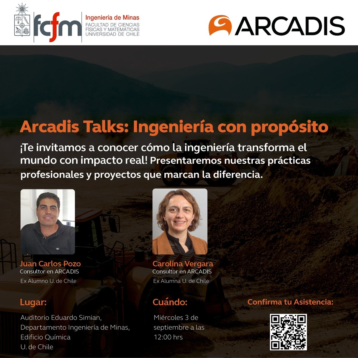 ¡No te pierdas ARCADIS Talks: Ingeniería con propósito!
Dirigido a estudiantes de Civil, Minas, Química, Geología, Geofísica, Eléctrica y Mecánica.

Exponen: Juan Carlos Pozo y Carolina Vergara (Arcadis)

📝 Inscríbete: forms.gle/RjLK1haviuPRAw…