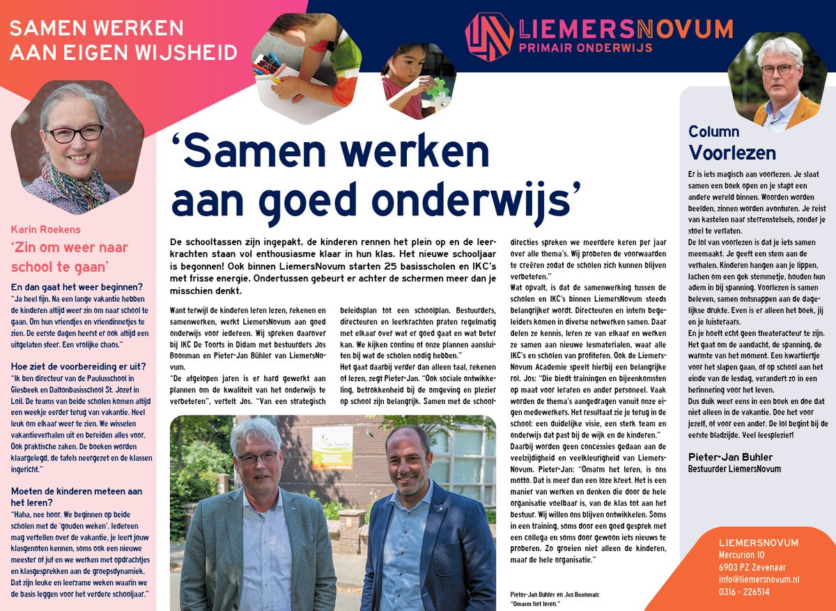 De eerste #LiemersNovum Nieuwsflits van dit schooljaar is er!
Morgen in Duiven, Westervoort en Zevenaar Post – nu al online.
Jos Boonman &amp; Pieter-Jan Bühler over visie en klaspraktijk.
Karin Roekens over de ‘gouden weken’.

#Onderwijs #OmarmHetLeren