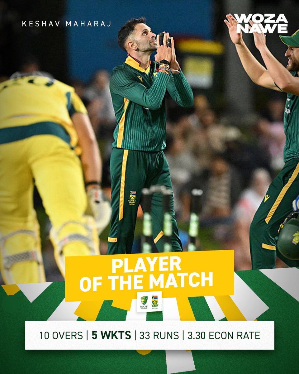A sensational performance from Keshav Maharaj! 💪🔥 

Under pressure, he delivered an epic bowling spell, claiming his maiden ODI five-wicket haul and earning Player of the Match honours. 👏🏏 

#WozaNawe