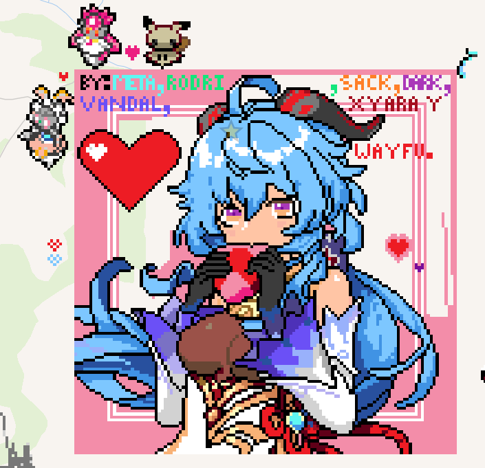 jeff_meta's tweet photo. Desde hace una semana aproximadamente empecé a hacer este pixelart de Ganyu en Wplace, luego se unieron amigos y colegas míos que me han ayudado a hacerlo, ya esta casi terminado y los pokemon que se ven son de uno de esos colegas que esta poniendo mi equipo pokemon XD + https://t.co/eaz39THd3y