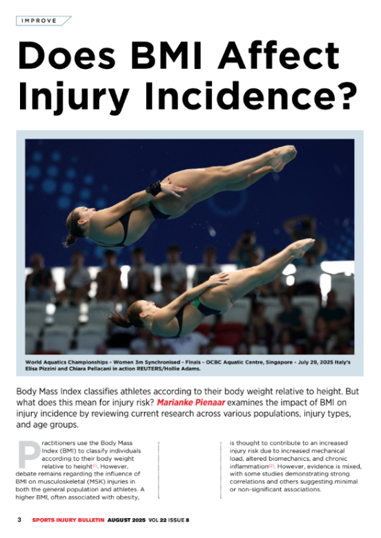 BMI classifies athletes according to their body weight relative to height. But what does this mean for injury risk? 🤔

Marianke Pienaar examines the impact of BMI on injury incidence across various populations, injury types, and age groups.👀

sportsinjurybulletin.com/improve/does-b…