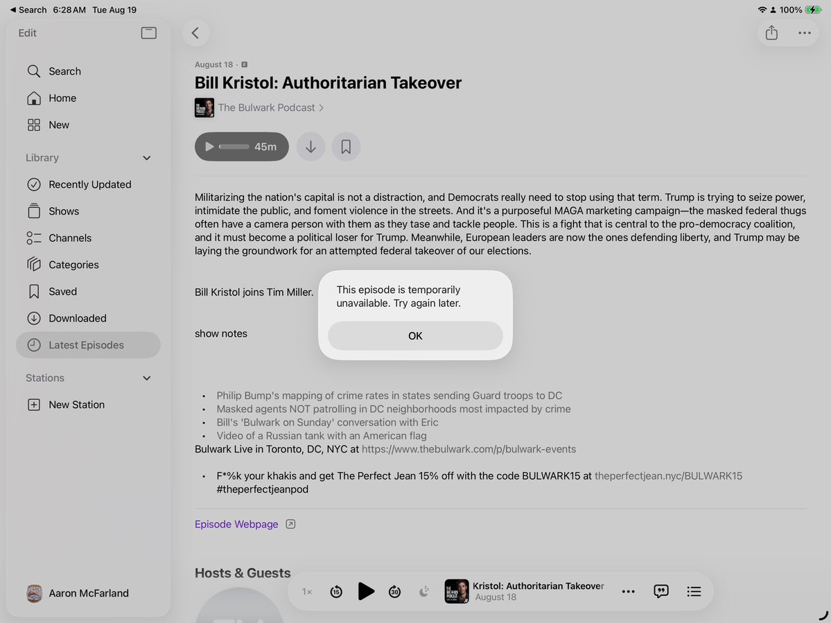 1 (@amcfarla) on Twitter photo .<a href="/Timodc/">Tim Miller</a> for some reason I can't listen to the last three <a href="/BulwarkOnline/">The Bulwark</a> podcasts, getting this error message on Apple podcast trying to listen on two different iOS devices. .<a href="/Timodc/">Tim Miller</a> for some reason I can't listen to the last three <a href="/BulwarkOnline/">The Bulwark</a> podcasts, getting this error message on Apple podcast trying to listen on two different iOS devices.