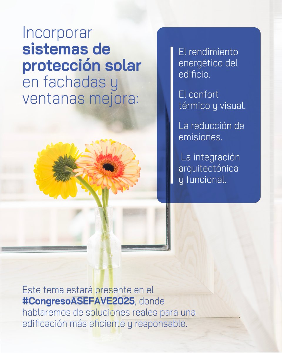 CongresoAsefave's tweet photo. ☀️ ¿Protección solar? También es eficiencia.
Clave en fachadas, rehabilitación energética y normativa.
Te lo contamos en el #CongresoASEFAVE2025.

📅 13–14 nov | 📍 Estadio Riyadh Air Metropolitano
🔗 Programa e inscripciones: https://t.co/LEsGEiGKFZ https://t.co/a2ss6gM6iw