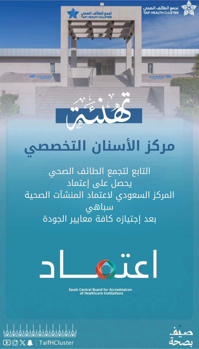 TaifHCluster's tweet photo. #اعتماد||📝🔷

حصل #تجمع_الطائف_الصحي 

ممثل في مركز الأسنان التخصصي

على اعتماد المركز السعودي
 لإعتماد المشآت الصحية (سباهي)

#صيّف_بصحة
#تجمع_الطائف_الصحي https://t.co/v0Jn3hYaXd
