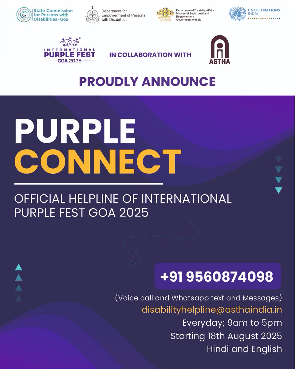 Accessibility made easy! 💜

 Purple Connect, the official helpline of #PurpleFestGoa2025, goes live 18 Aug.
Call/WhatsApp: +91 9560874098 | disabilityhelpline@asthaindia.in
Everyday, 9 AM–5 PM | Hindi &amp; English

Purple Connect, International Purple Fest Goa 2025