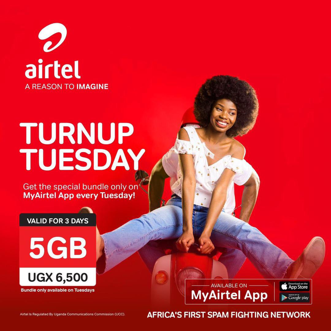 iamprimus1's tweet photo. Tuesdays just got a whole lot better.
Grab 5GB at only UGX 6,500 and keep it running for 3 days straight.

Exclusively on the #MyAirtelApp.
#TurnUpTuesday https://t.co/KU3yZmapYD