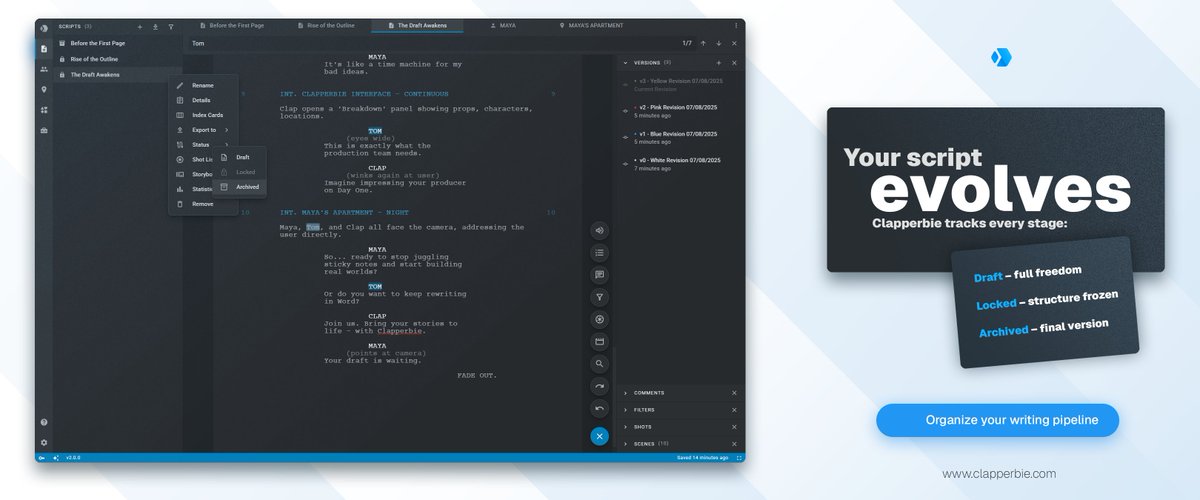 clapperbie's tweet photo. Your script evolves.

Clapperbie tracks every stage:
✏️ Draft – full freedom
🔒 Locked – structure is frozen
📁 Archived – for reference and legacy

You stay in control - from idea to wrap!

#screenwriting #screenwriter #filmmaking #filmmaker #scriptwriting #clapperbie https://t.co/TJTamoTbDO