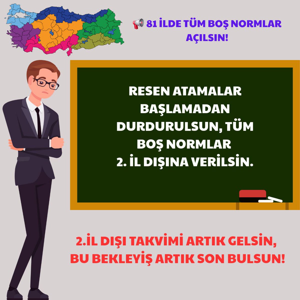 <a href="/Yusuf__Tekin/">Yusuf Tekin</a> #AileYılı'nda diğer atamalarda olduğu gibi 2. İldışı atamasına da tüm boş normların açılmasını istiyoruz, sendikaları desteğe çağırıyoruz.
#BoşNormlar2İlDışınınHakkı
<a href="/Yusuf__Tekin/">Yusuf Tekin</a> <a href="/tcmeb/">Millî Eğitim Bakanlığı</a> <a href="/mebpgm/">Personel Genel Müdürlüğü</a> <a href="/cftcblnt/">Bülent ÇİFTCİ</a> <a href="/_aliyalcin_/">Ali YALÇIN</a> <a href="/TalipGeylan06/">Talip Geylan</a> <a href="/kademozbay_/">Kadem Özbay</a> <a href="/leventkuruoglu/">Levent Kuruoğlu</a> <a href="/talatyavuz29/">Talat YAVUZ</a>