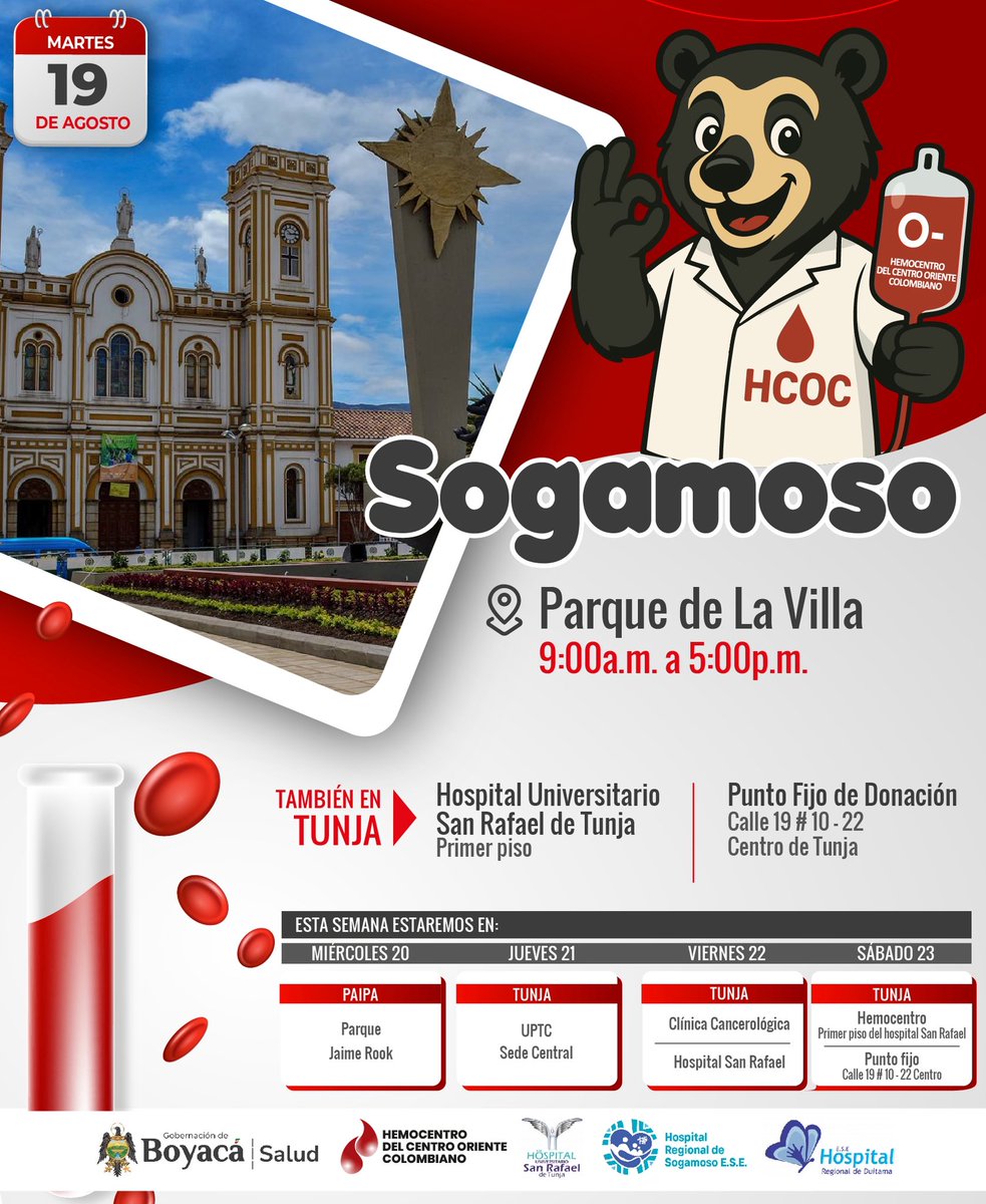 🩸 ¡Sogamoso dona vida! 🩸
Hoy, lunes 19 de agosto, en el Parque La Villa de 9 a.m. a 5 p.m.
💉 Dona sangre y salva hasta 3 vidas.

✅ +18 años, +50 kg, ID en mano, haber comido.

#DonaSangre #SalvaVidas