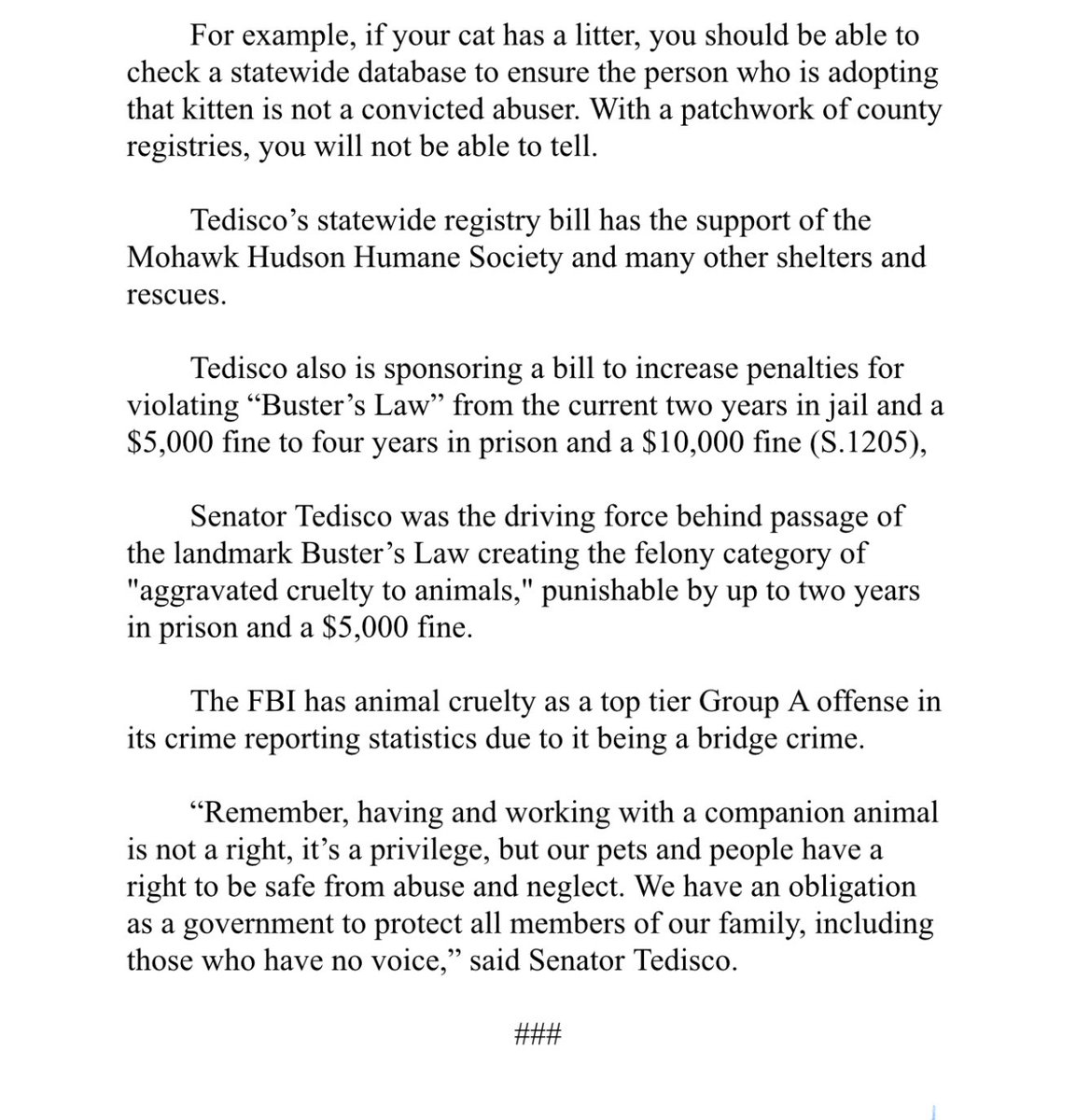 Tedisco: “Epidemic of Disturbing Animal Cruelty Cases” Underscores Urgency for New Animal Cruelty Laws to Protect Pets and People”

New cases of Wilton mother &amp; daughter charged with 37 counts of animal abuse &amp; Canajoharie man who deliberately hit kitten with pickup