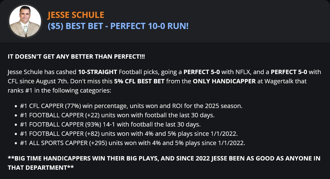 How about a PERFECT 10-0 FOOTBALL RUN at <a href="/WagerTalk/">WagerTalk</a>?

BEST BET for $5: Wt.buzz/js