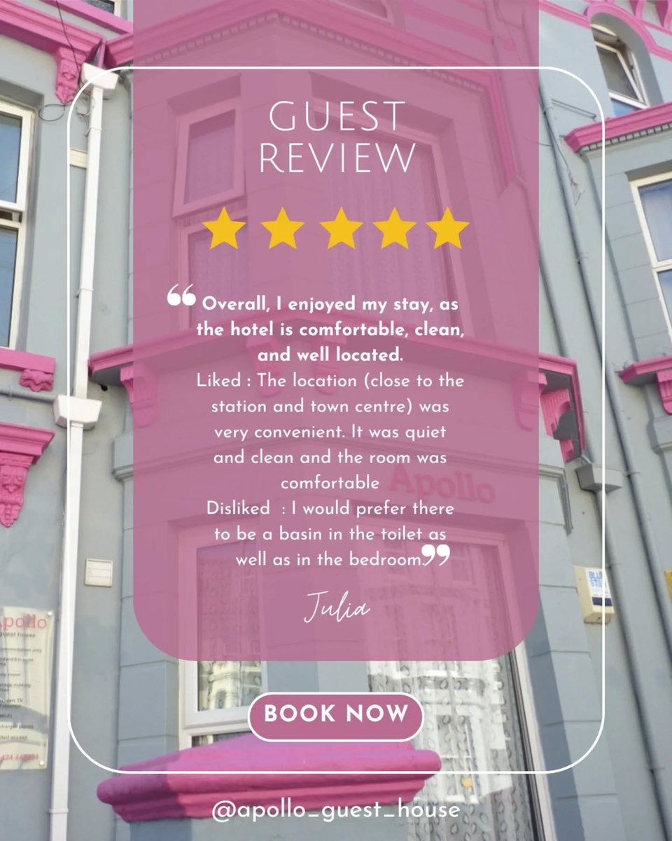 The_Apollo_GH's tweet photo. Testimonial Tuesday 
9/10 reviews!
This week's guest feedback made us smile. Guests loved how warm, comfortable and quiet The Apollo Guest House is - with plenty of complimentary tea, coffee, juice and biscuits. 
#review #guestreview #hastingsguesthouse #weekendaway https://t.co/pCAJg0QAJU