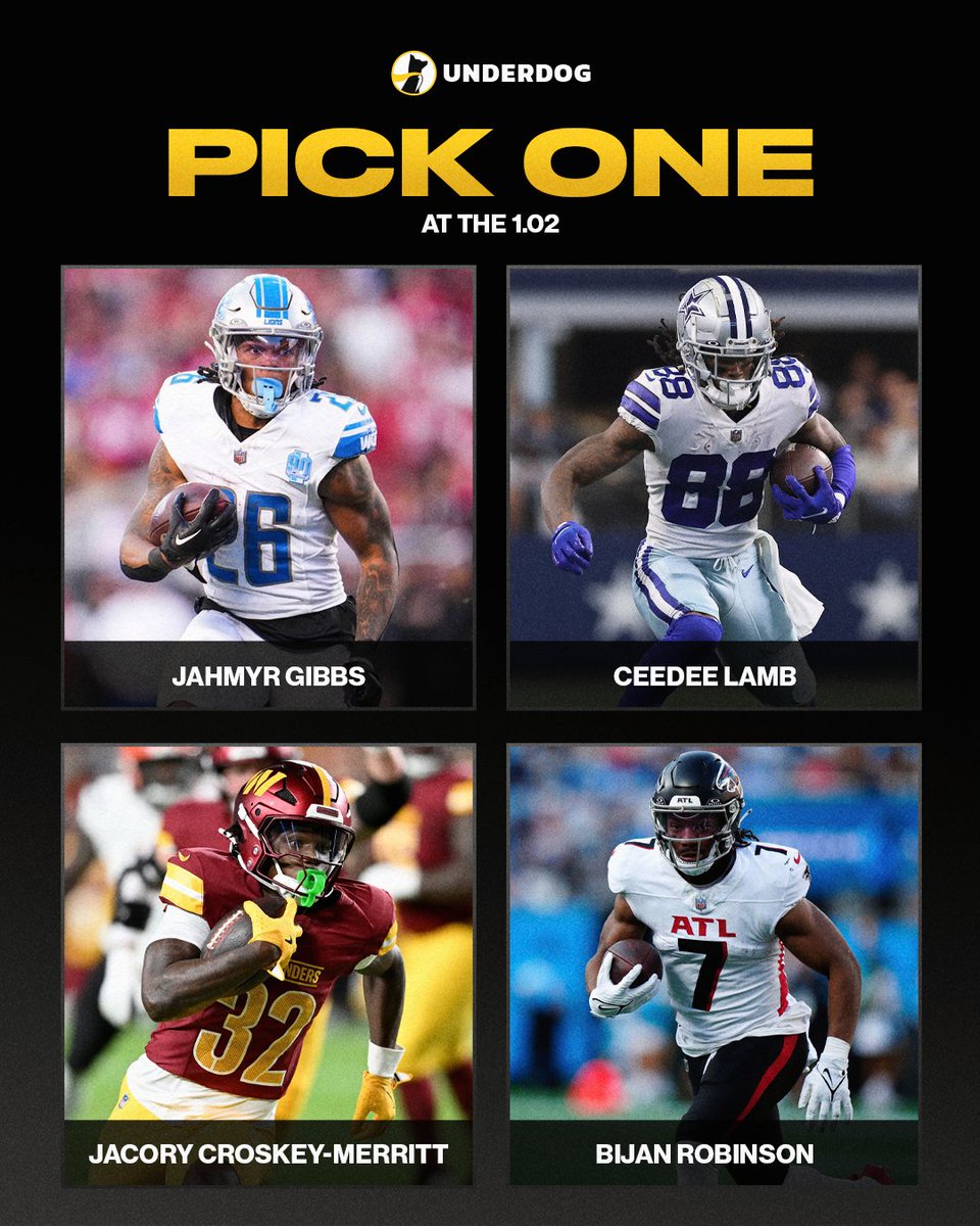 UnderdogDrafts's tweet image. You're picking at the 1.02 and Ja'Marr Chase is off the board.

Who's your selection? 🎯