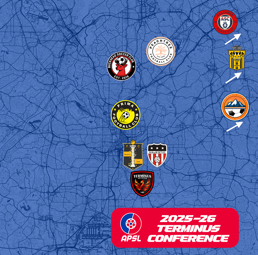 📍 Atlanta, heart of the South.

The APSL Terminus Conference 2025–26 is here, with clubs across the metro—from Buckhead to Peachtree, Downtown to Lawrenceville.

The battle for local pride starts Sept 21.